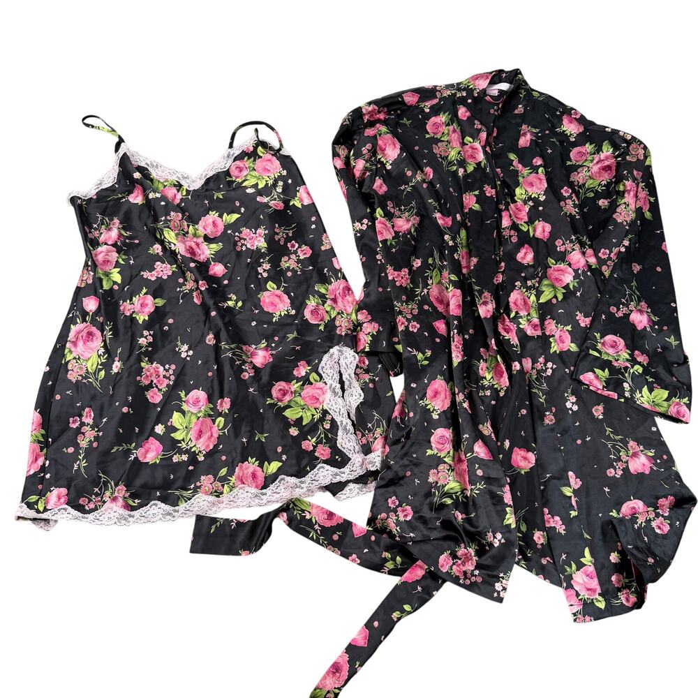 Victoria's Secret Black Chemise Robe Set Lace Floral 2 Piece L Sleepwear